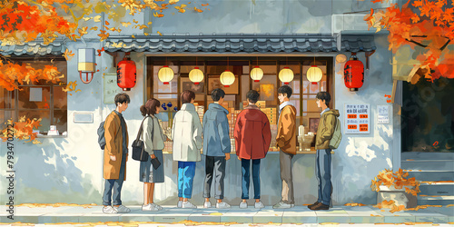 Friends standing outside of a japanese sweets store illustration scene photo