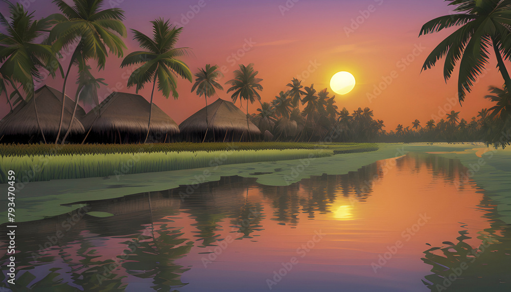 Kerala Backwater Landscape illustration. 