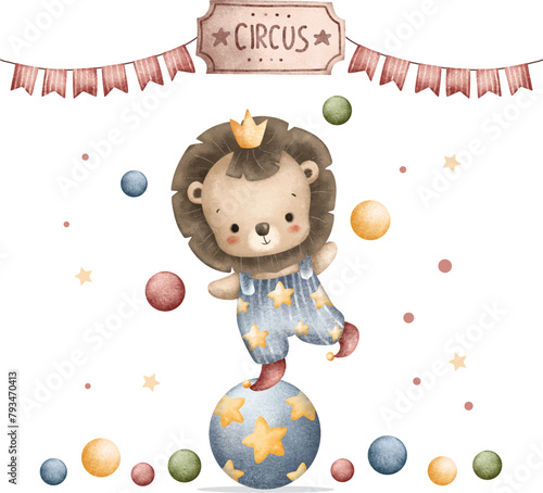 Watercolor Illustration Cute Baby Lion Plays Circus