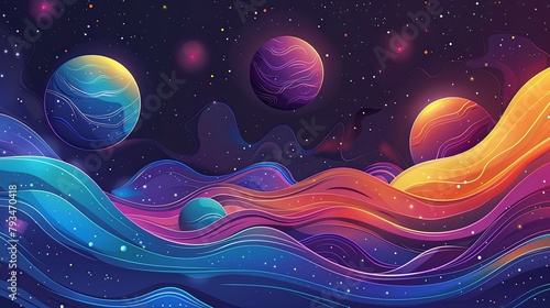 Colorful digital illustration of an abstract space scene with planets and stars.