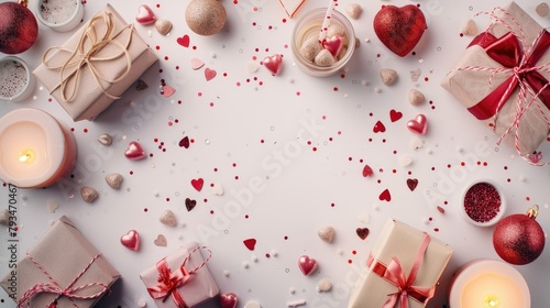A Valentine s Day themed backdrop featuring a beautiful arrangement of gifts candles and confetti set against a white backdrop This flat lay composition offers a top view with plenty of spa © 2rogan