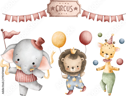 Watercolor Illustration Cute Baby Safari Animals Play Circus