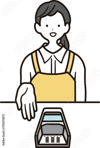 カフェで働く女性スタッフがスマートフォン決済の案内をしているの上半身のイラスト素材