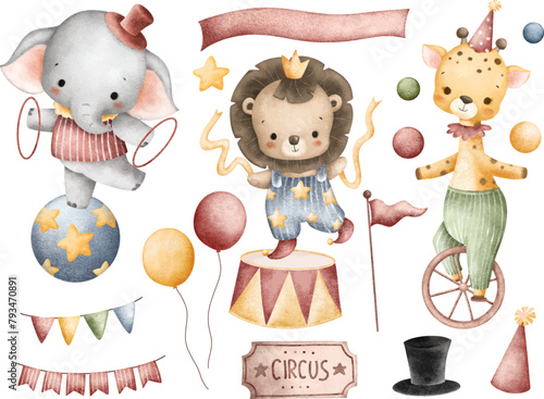 Watercolor Illustration Set of Circus Safari Animals