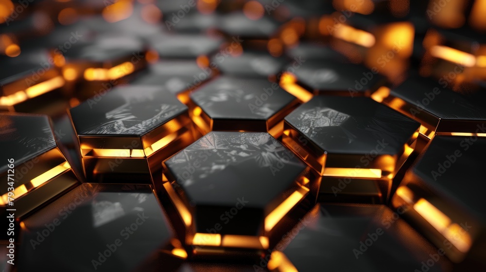 Fototapeta premium Hexagonal pattern with metallic texture and orange illumination