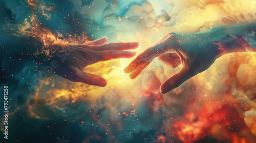 Two hands reaching towards each other amidst colorful, abstract cosmic background with warm glow