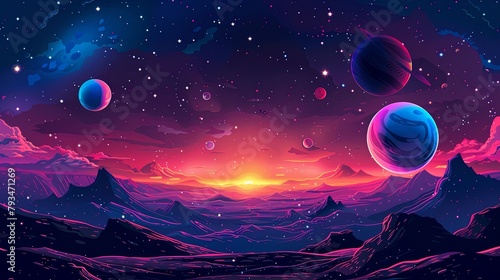 Colorful space scene with planets and stars.