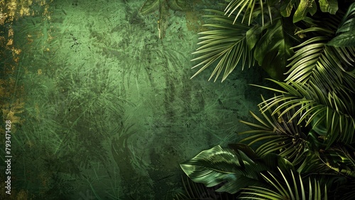 Green textured background with tropical foliage at edge