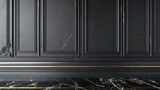 Elegant black wall paneling with gold accents above marble flooring