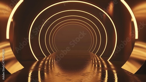Futuristic tunnel with glowing orange neon lights and reflective floor