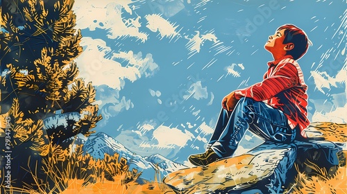 a boy sitting and looking up the sky illustration poster background