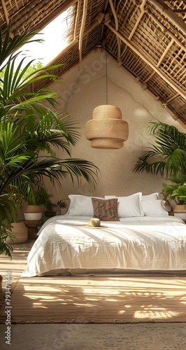 A large bed with white linen and two decorative pillows  surrounded by tropical plants in pots on the floor of an open-air thatched roof house with high ceilings