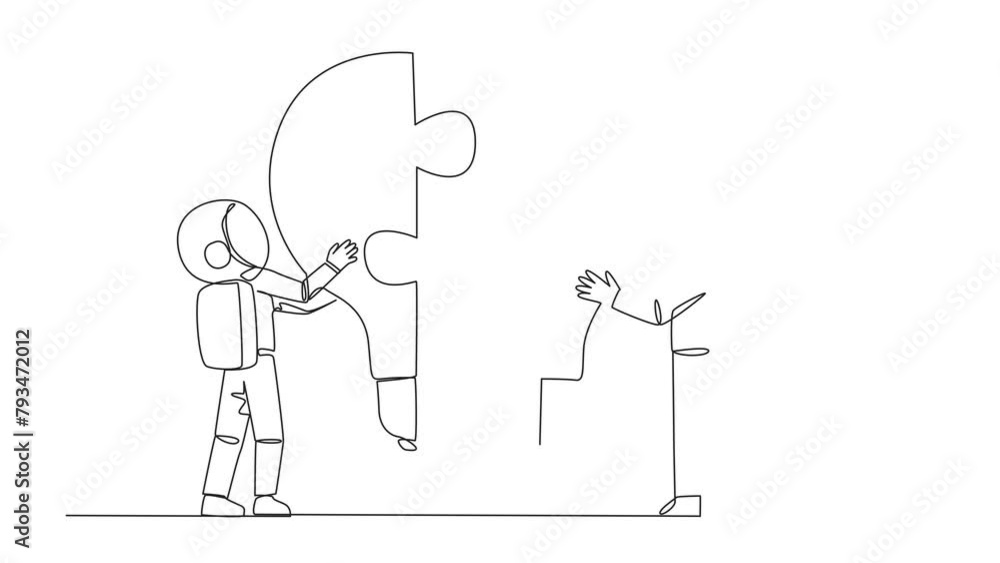 Animation of single continuous line drawing of two astronauts holding up two lightbulb-shaped puzzle pieces. Metaphors elevate and unite brilliant ideas. Deep space teamwork. Full length motion Animation of single continuous line drawing of two astronauts holding up two lightbulb-shaped puzzle pieces. Metaphors elevate and unite brilliant ideas. Deep space teamwork. Full length motion