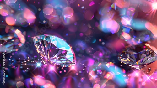 Sparkling diamonds on reflective surface with vibrant colorful bokeh lights