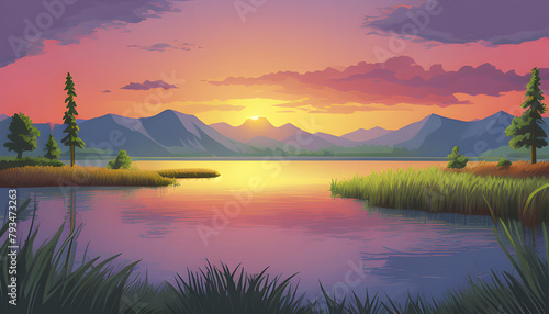 A painting of Lake and Mountain Landscape. 