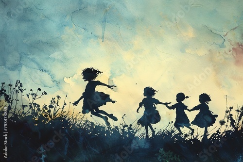 A water color art in silhouette theme of children's playing in field with a big space for text or product advertisement backdrop, Generative AI.