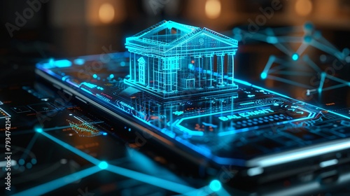 A glowing blue bank building on a smartphone.