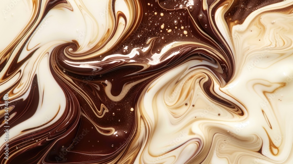 Swirling patterns of dark and white melted chocolate merging Swirling patterns of dark and white melted chocolate merging