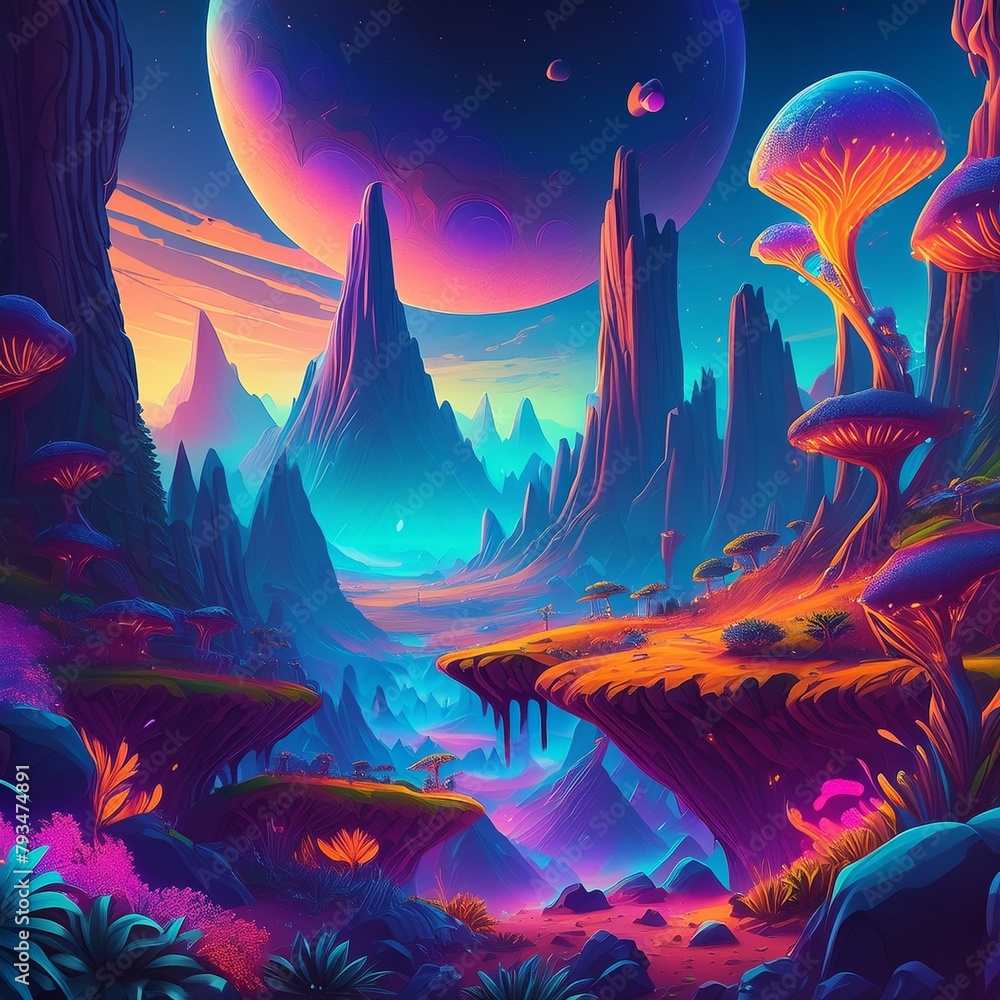  a surreal alien landscape with bizarre rock formations, bioluminescent plants, and strange creatures roaming the otherworldly terrain.
