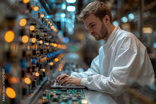 a europian man working with laptop in the electronic factory