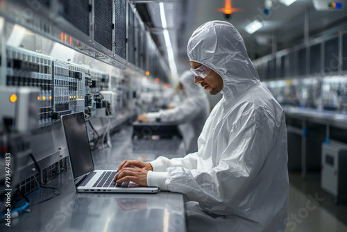 a europian man wearing white suite working with laptop in the electronic factory photo
