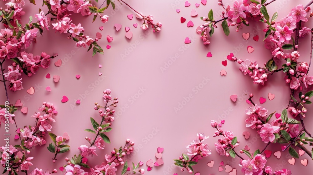 Capture the essence of Valentine s Day with a charming frame crafted from delicate pink flowers and adorned with hearts set against a soft pastel pink backdrop This imagery embodies the hea Capture the essence of Valentine s Day with a charming frame crafted from delicate pink flowers and adorned with hearts set against a soft pastel pink backdrop This imagery embodies the hea