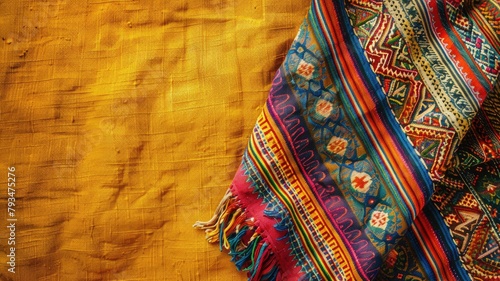 Colorful traditional fabric against textured yellow background