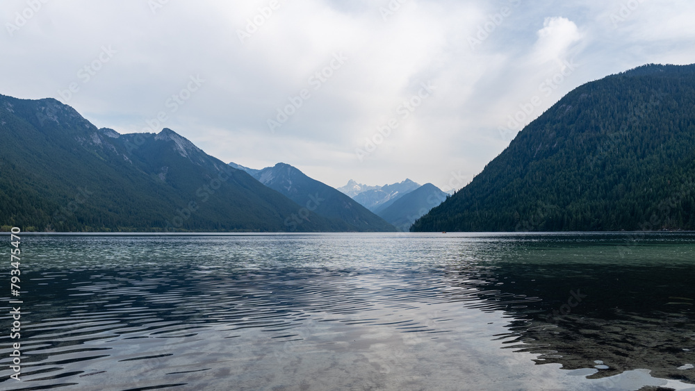 Beautiful waters of the Chilliwack Lake park clouds and mountains