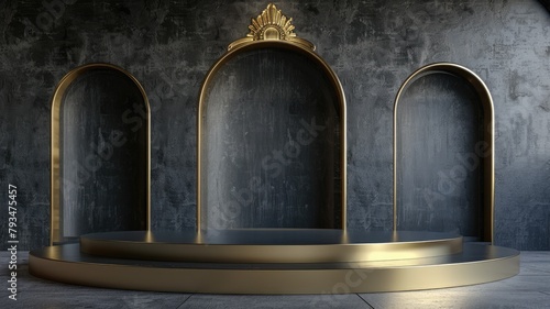 Three empty thrones with gold trim on stage against textured wall