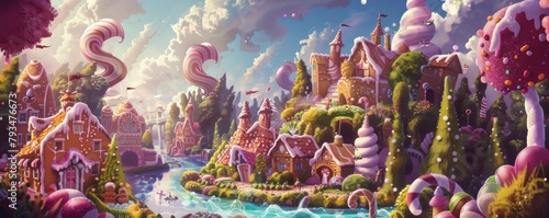 Vibrant, fantastical panorama of a luscious candy-themed landscape