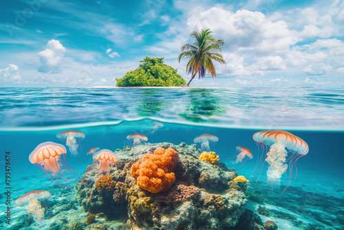 Tropical Island with coconut trees and jellyfishes and corals under clear water of the sea in sunny day with blue bright sky  half under water view  summer holiday theme.
