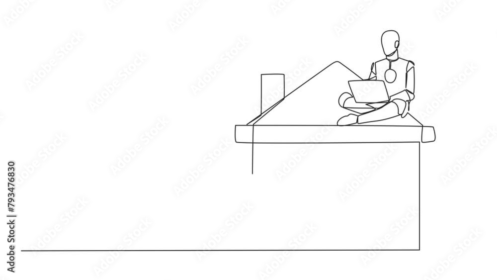 Animation of single continuous line drawing robotic artificial intelligence sitting on miniature house typing laptop. Marketing division robot. Selling houses via internet. Full length motion Animation of single continuous line drawing robotic artificial intelligence sitting on miniature house typing laptop. Marketing division robot. Selling houses via internet. Full length motion