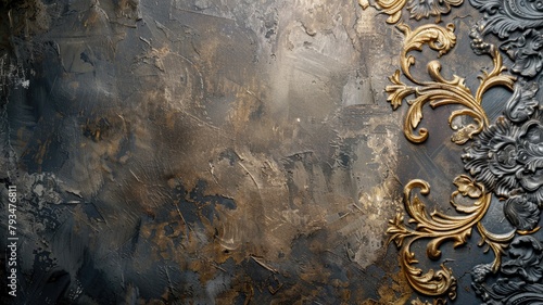 Ornate gold frame on textured, abstract, dark background photo
