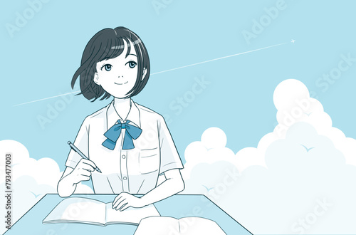 勉強する夏服姿の女子学生のベクターイラスト