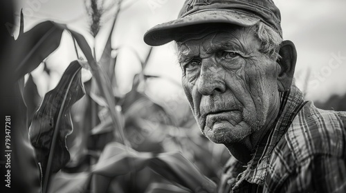 A senior farmer captured in a striking black and white photo is immersed in inspecting the cornstalks flourishing in his corn field photo