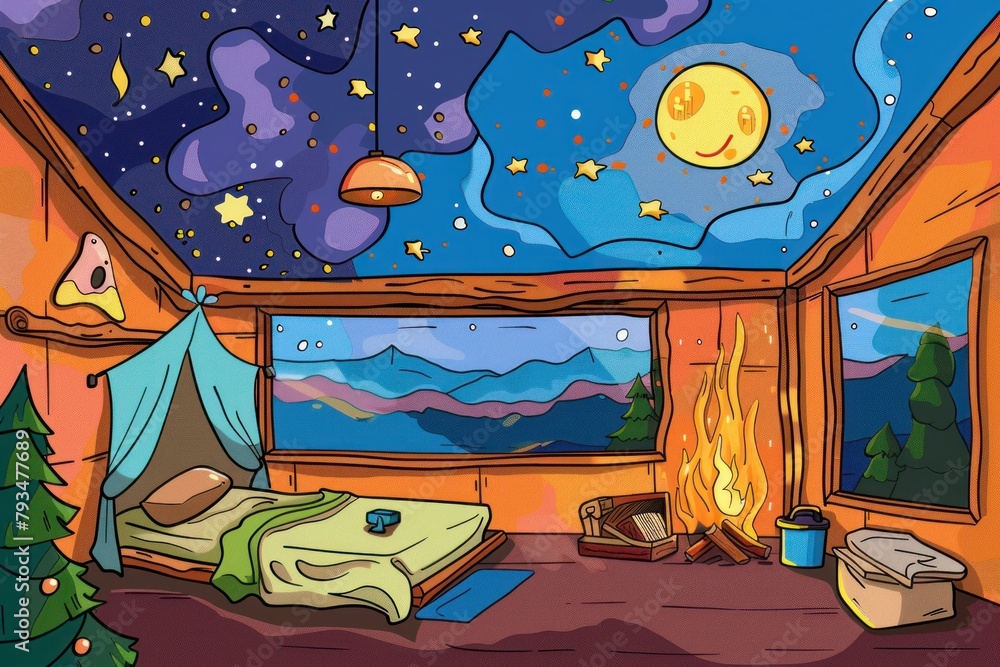 Cartoon cute doodles of a camping adventure room with a tent bed, faux campfire, and starry sky ceiling, Generative AI