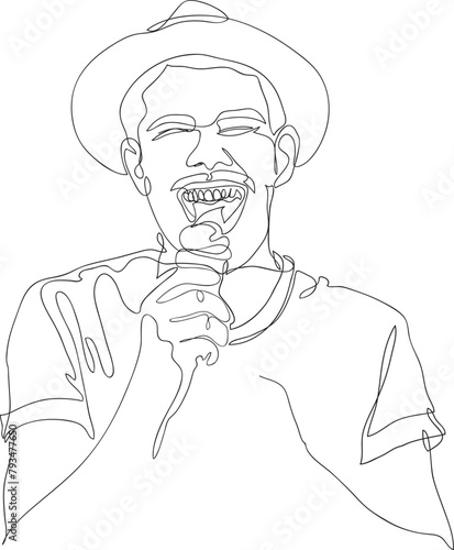 Line art of Young man in hat eating happy ice cream cone