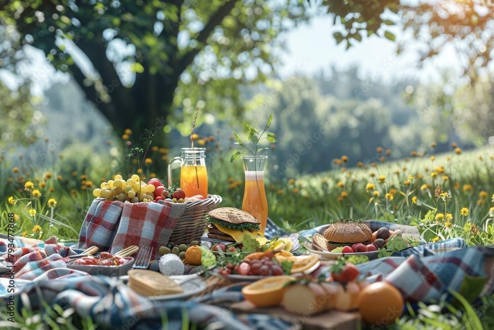 An outdoor picnic scene with a variety of foods and drinks spread on a checkered blanket in a sunny, flower-filled meadow.
