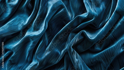 Elegant deep blue satin with luxurious silky texture, draped gracefully soft folds