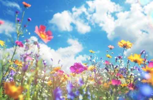 vibrant meadow with colorful wildflowers under the bright blue sky © JH