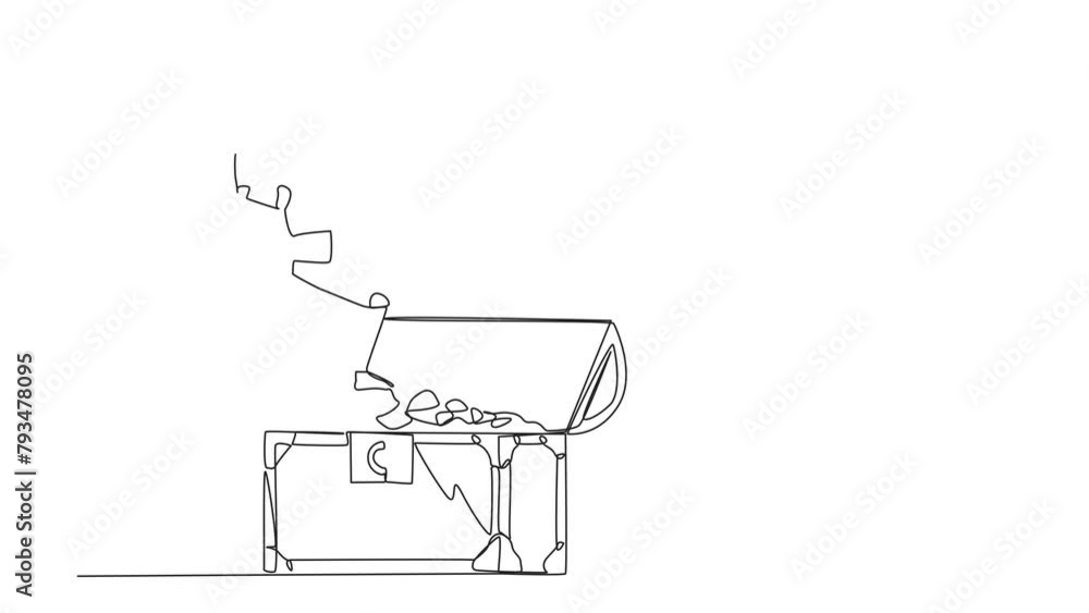 Self drawing animation of single one line drawing robots standing on giant open treasure chest holding flag. Robots with artificial intelligence succeed in finding golden coin. Full length animated Self drawing animation of single one line drawing robots standing on giant open treasure chest holding flag. Robots with artificial intelligence succeed in finding golden coin. Full length animated