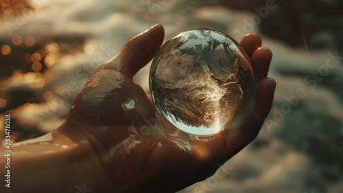 Explore the elegance and refinement of this stunning image featuring a transparent glass globe delicately held in a hand photo