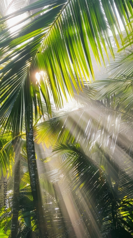 Sunlight piercing tropical palm canopy