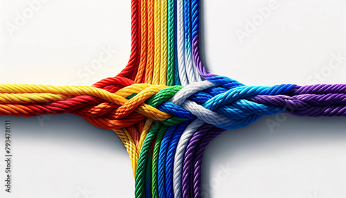 Braided ropes in the vivid colors of the rainbow, red, orange, yellow, green, blue, indigo, and violet pride equality