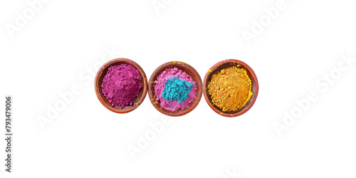 Colorful Holi festival powder in ceramic bowls isolated on white background,