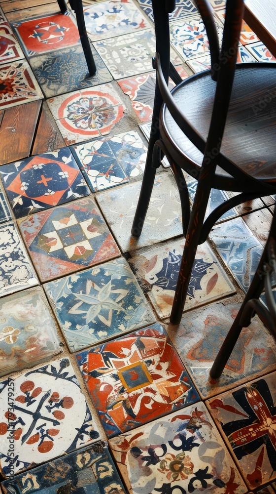 worn and weathered ceramic floor tiles in bright colors with chair legs