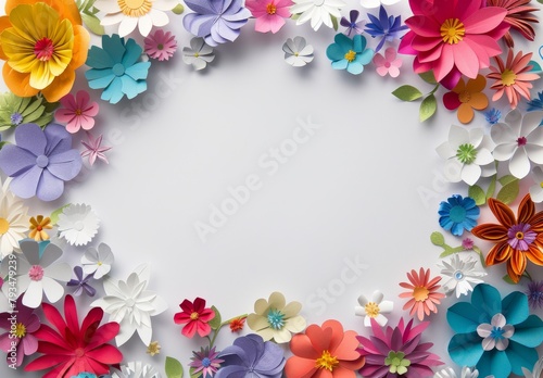 Colorful Paper Flowers Circular Frame on White Background