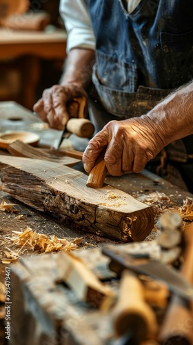 A carpenter is working on a wooden sculpture in his workshop. © Jiraphiphat
