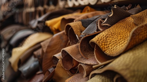 A close up image of a stack of leather hides in various shades of brown and yellow.