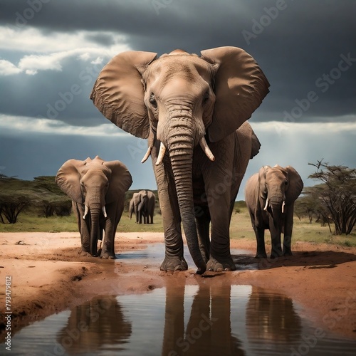 view of African elephants gathered around a water source. decorative design for banner, poster, social media, web. generative ai